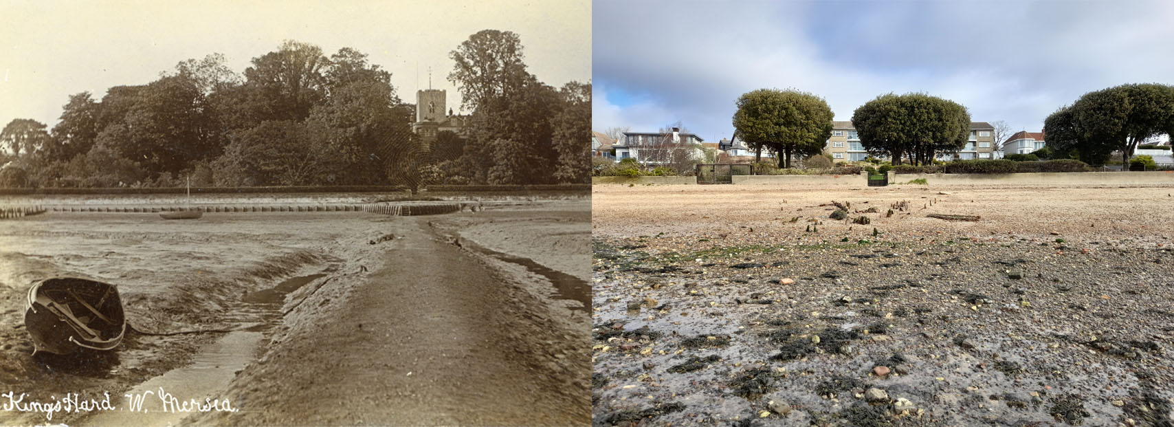 Historical picture of a coastal area of Mersea Island compared to a recent picture of the same area, showing the coastal deterioration.