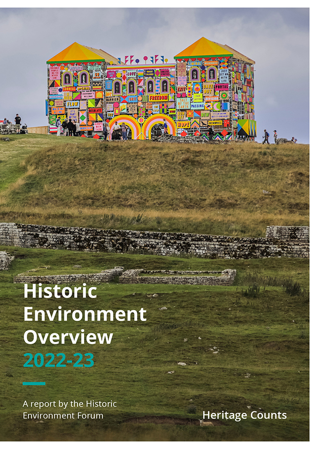 Historic Environment Overview 2022-23 Front Cover, showing a colourful instalation at Houseteads Roman Fort