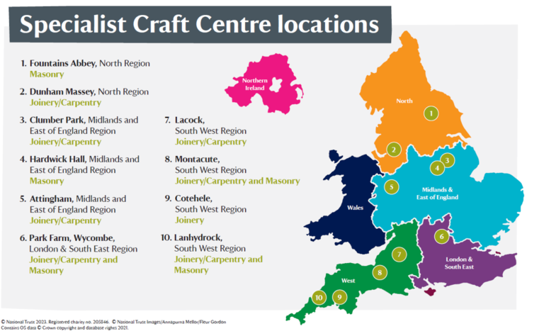 An image of a map of England and Wales, showing the locations of National Trust Specialist Crafts Centres. The locations mentioned are Fountains Abbey, Dunham Massey, Clumber Park, Hardwick Hall, Attingham, Park Farm, Lacock, Montacute, Cotehele and Lanhydrock
