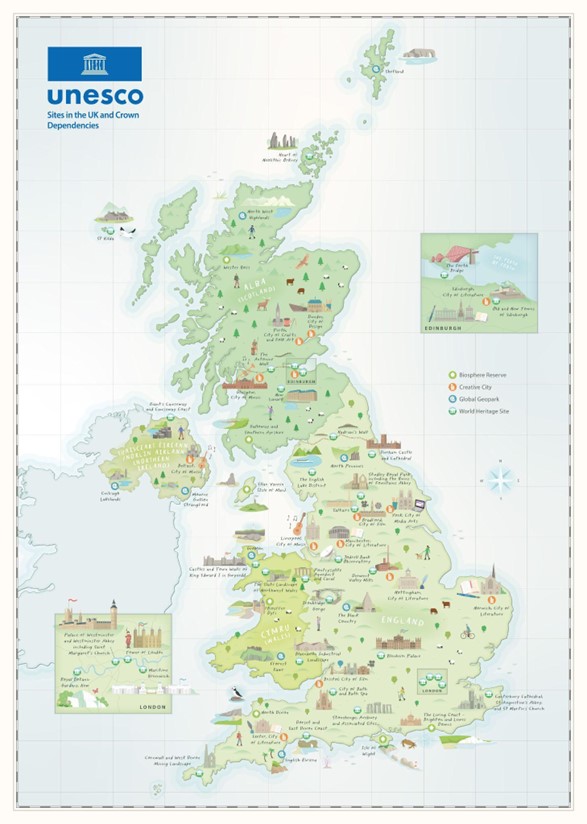 An illustrated map of the British isles in pastel colours with the logo of the UK National Commission for UNESCO in the top left hand corner. The map shows each of the 29 World Heritage Sites, 13 Creative Cities, 9 Global Geoparks and 7 Biosphere Reserves in the UK and crown dependencies, represented by a round designation icon and an individual illustration of a significant heritage landmark from the built or natural environment. Two squares on either side of the map show a close-up of London and Edinburgh where there is a higher concentration of UNESCO sites.