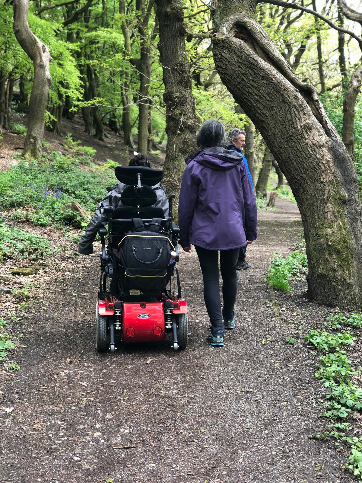 Image shows two people going down a woodland path with bluebells visible in the undergrowth. The person on the left is in a wheelchair and the person on the right is walking.
