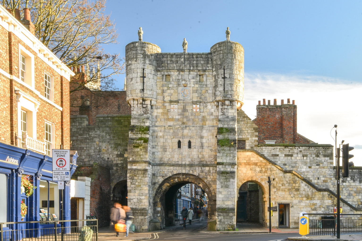 Images depicts a historic defensive bastion at York City Walls against a backdrop of mostly blue skies.